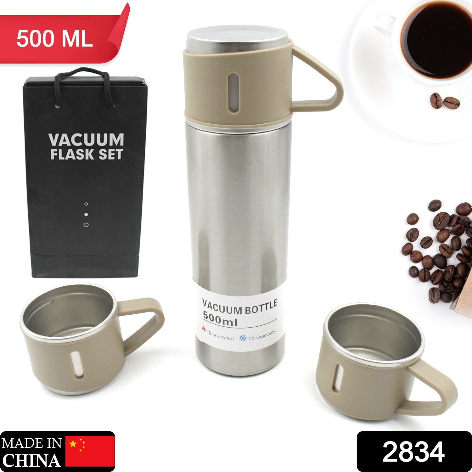 Stainless Steel Vacuum Flask Set with 3 Steel Cups Combo for Coffee Hot Drink and Cold Water Flask Ideal Gifting Travel Friendly Latest Flask Bottle. (500ml) Stainless Steel Vacuum Flask Set with 3 Steel Cups Combo for Coffee Hot Drink and Cold Water Flask Ideal Gifting Travel Friendly Latest Flask Bottle. (500ml)